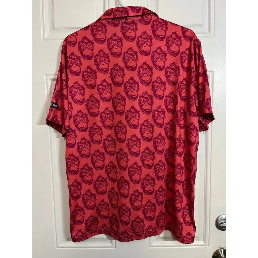 Golf Gods Red Pink Allover Monkey Graphic Polo Bold Playful Statement Mens L